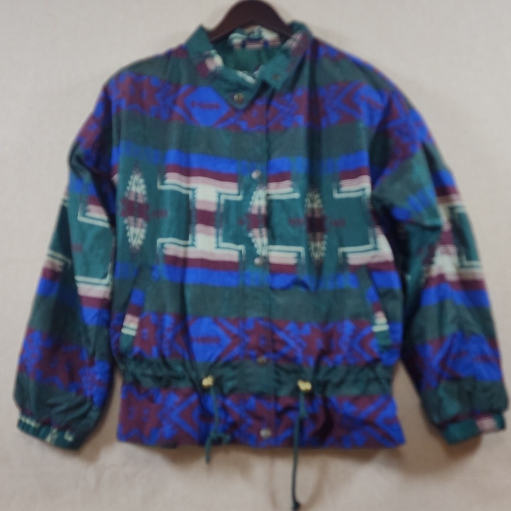 Vintage Southwestern Aztec Tribal Jacket Medium Green Nylon Windbreaker Kaotic